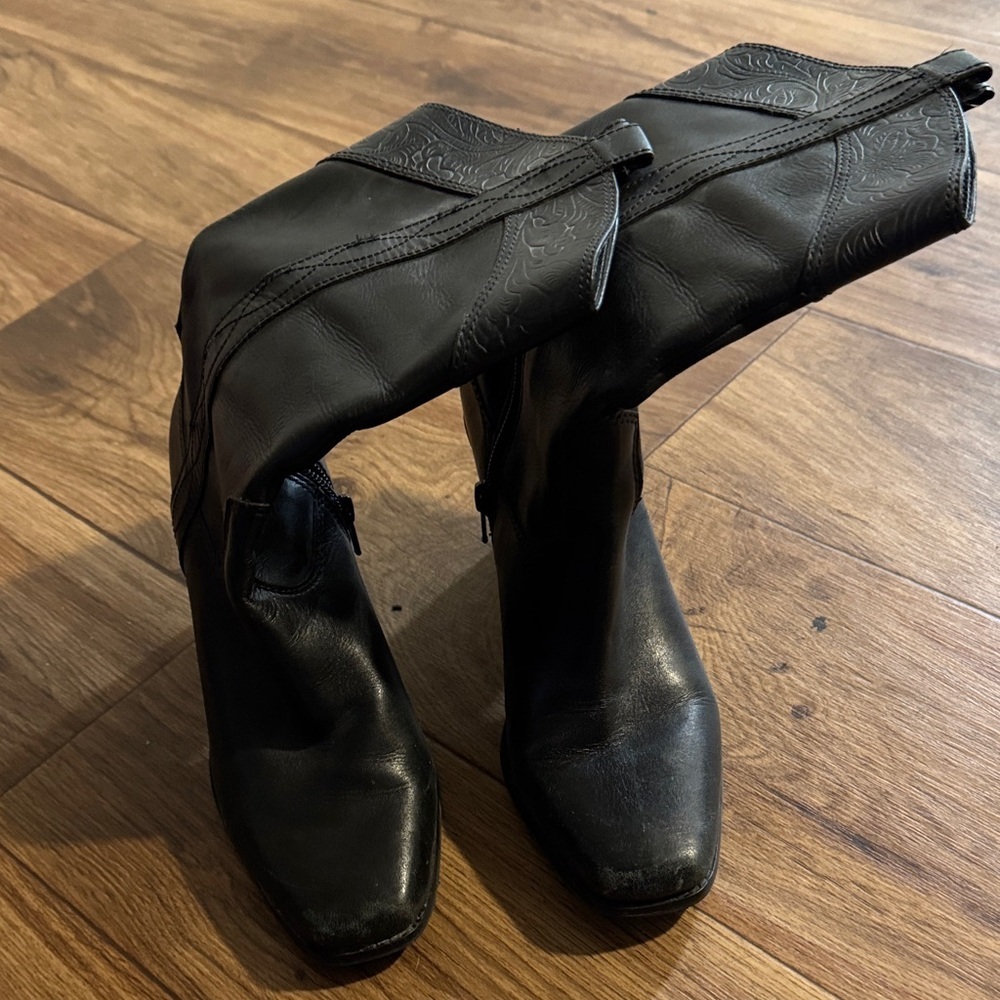 ANTONIO MELANI Black Mid-Calf Leather Heeled Boots
